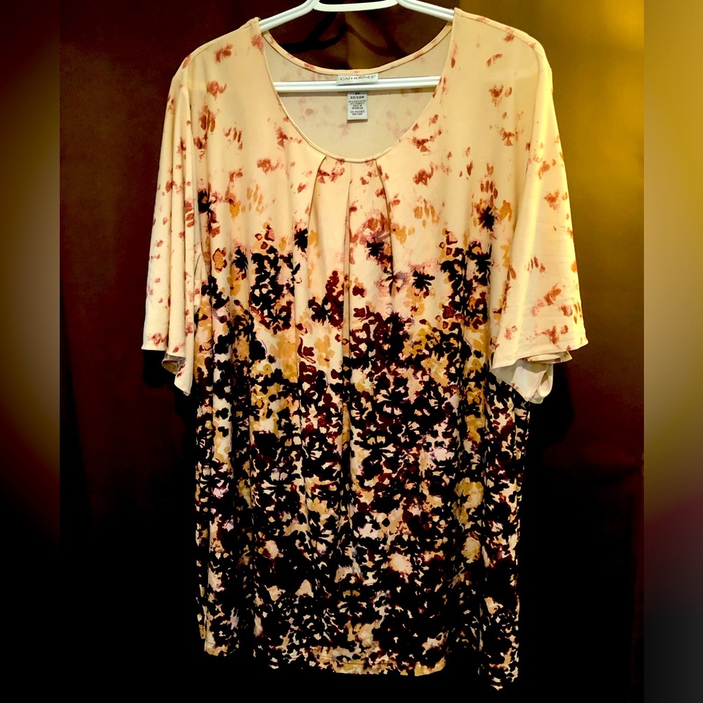 Tan Catherines blouse with purple/brown and black pattern
